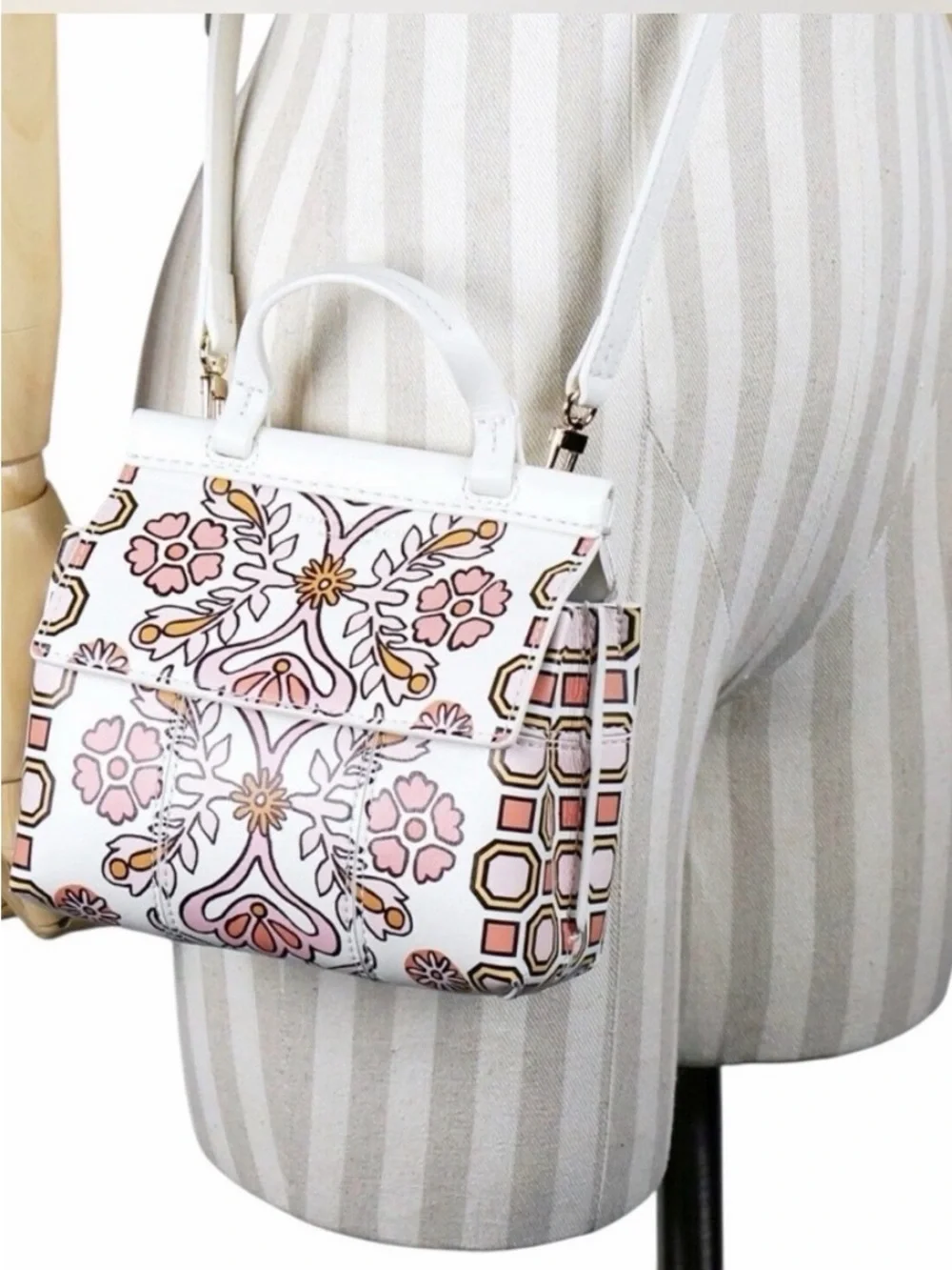 Tory Burch Cream Mini Top-Handle Bag with Pink & Gold Floral Print - Picture 4 of 11